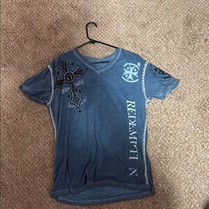 Blue Graphic T-Shirt with Cross Design RARE AFFLICTION SHIRT